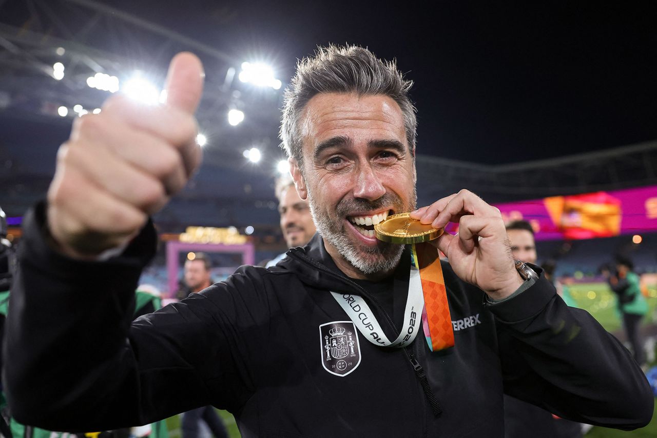 Spain head coach Jorge Vilda celebrates his team's win.