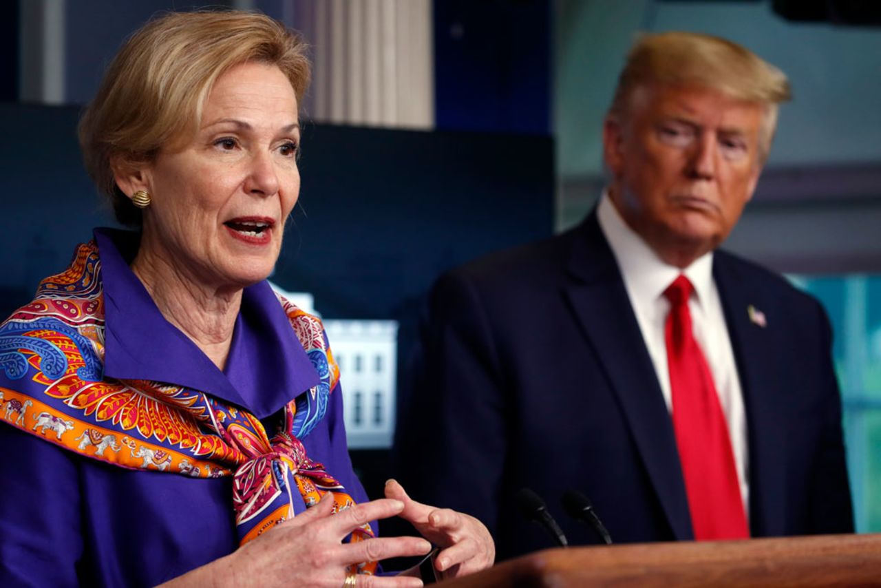 President Donald Trump listens as Dr. Deborah Birx, White House coronavirus response coordinator, speaks about the coronavirus in the James Brady Press Briefing Room of the White House on Wednesday, April 8, in Washington.