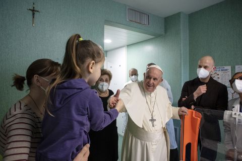Pope Francis visits the Vatican's Bambino Gesu Pedriatic hospital which cares for 18 children that recently arrived from Ukraine on March 19.