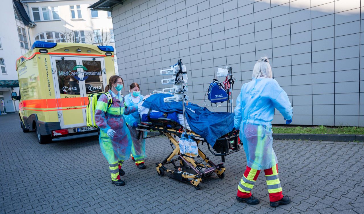 Medical staff transport a patient to the emergency room at the St. Josef Hospital in Bochum, Germany, on April 1.