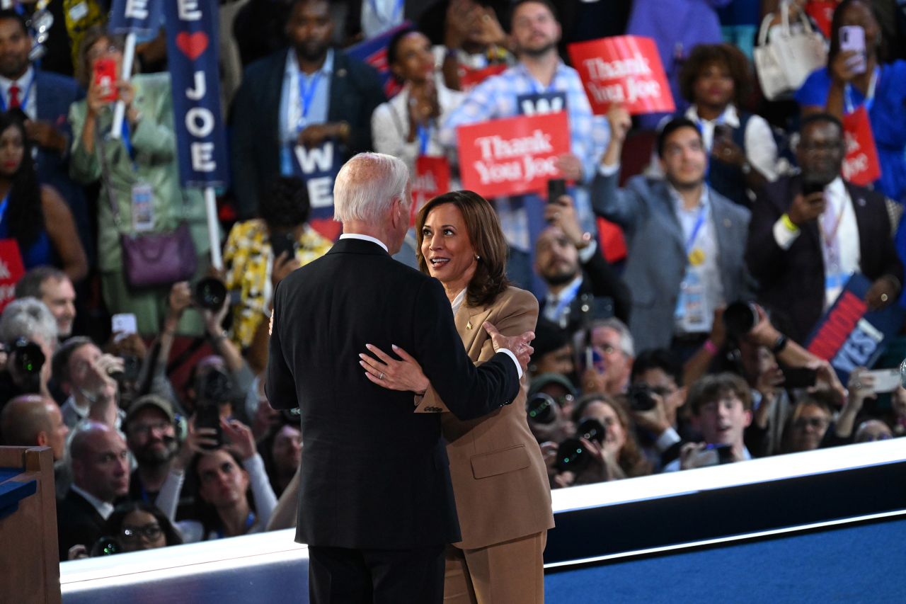 Vice President Kamala Harris is joined by President Biden on stage following his remarks on Monday, August 19.