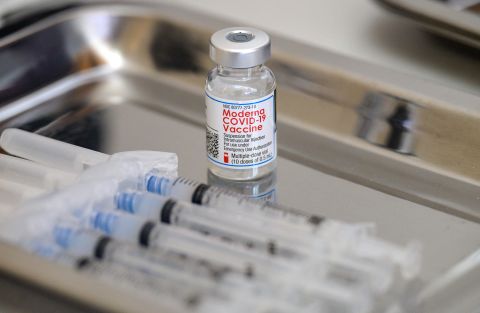 Doses of the Moderna Covid-19 vaccine are prepared at a vaccine clinic in New York, on April 16. 