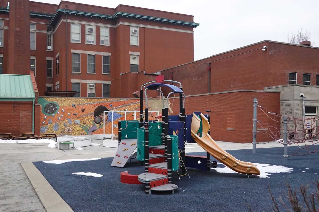 Unused playground equipment sits outside of Burr Elementary School in Chicago, Illinois, on January 25.