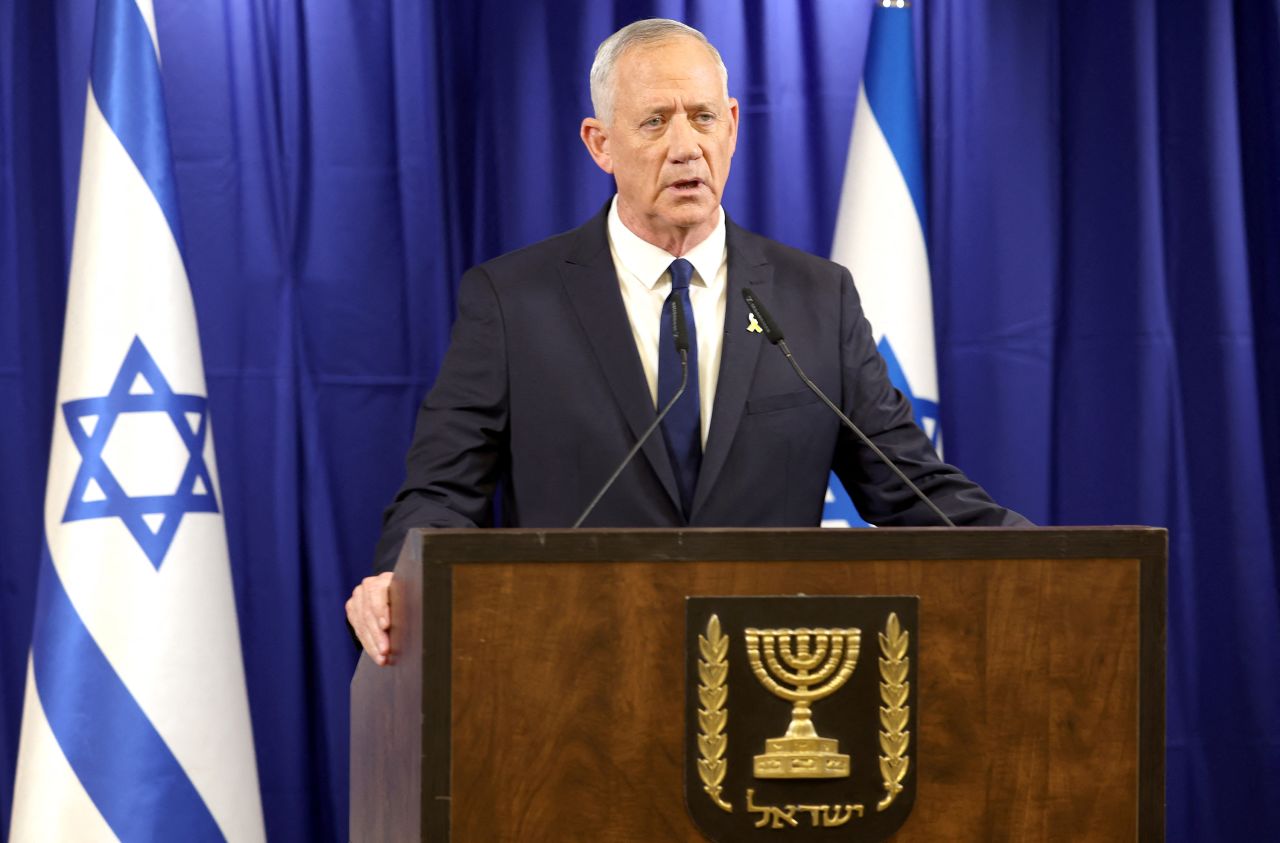 Israeli war cabinet member Benny Gantz speaks to the media in Ramat Gan, Israel, on June 9.