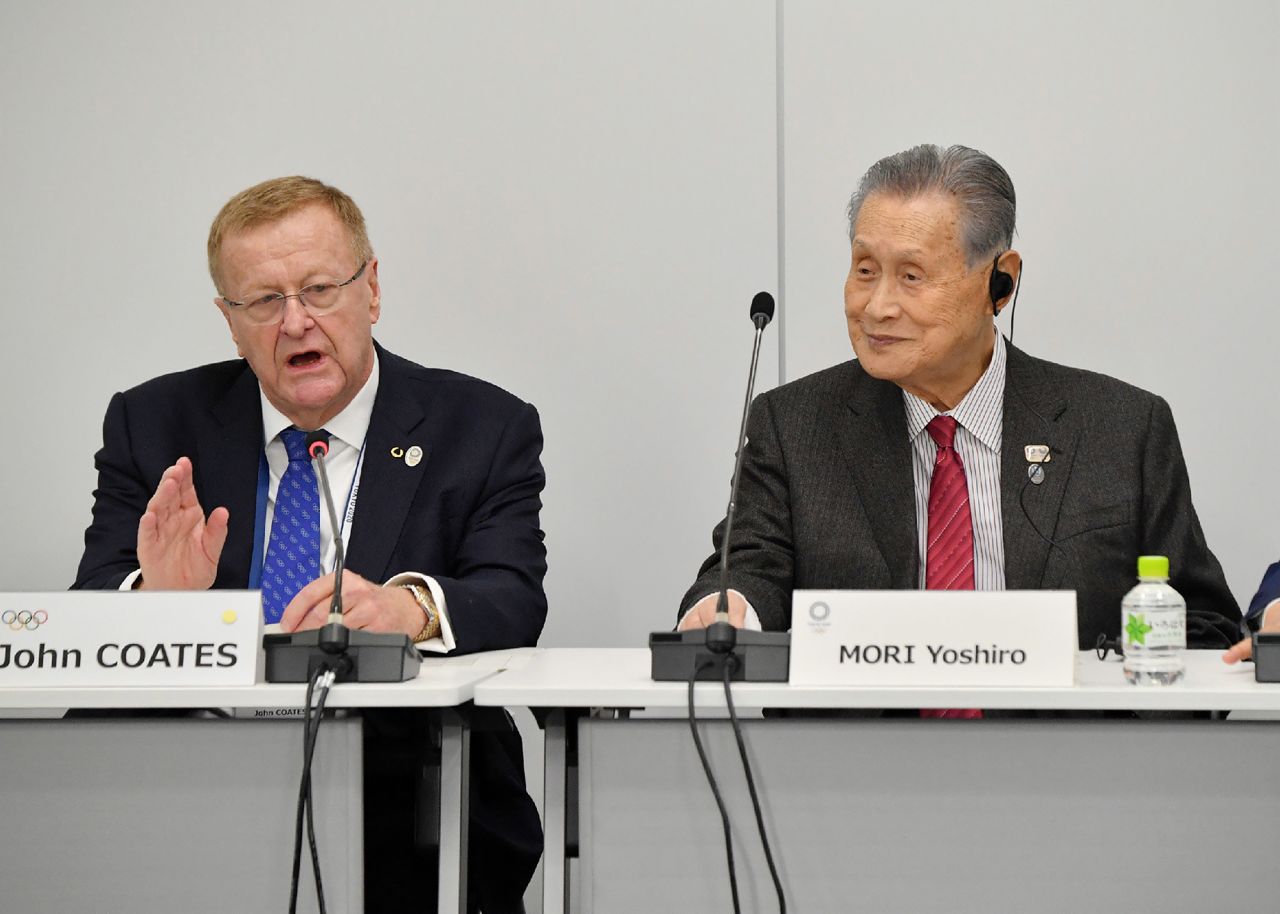 Chairman of the Tokyo 2020 Olympic Games coordination committee John Coates, left, and Tokyo 2020 president Yoshiro Mori attend the International Olympic Committee (IOC) project review meeting in Tokyo on February 13. 