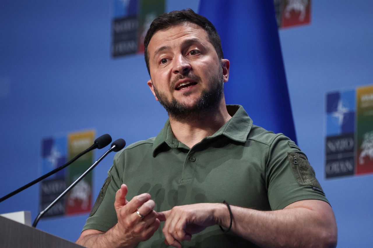 Ukrainian President Volodymyr Zelensky holds a press conference at the NATO Summit in Vilnius, Lithuania, on July 12. 
