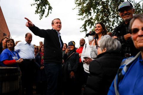 Sen. Michael Bennet speaks to supporters at a rally outside Mountain Toad Brewing on October 26 in Golden, Colorado.