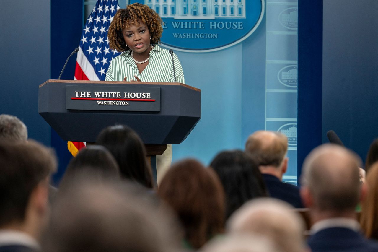 White House Press Secretary Karine Jean-Pierre speaks during the daily press briefing in the Brady Press Briefing Room of the White House in Washington, DC, on February 27. 