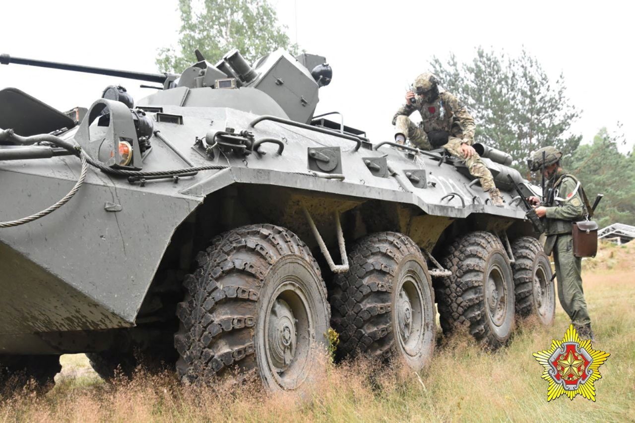 A fighter from Russian?Wagner?mercenary group and a?Belarusian service member take part in a joint training at the Brest military range outside Brest,?Belarus, in this still image from a video released on July 20.