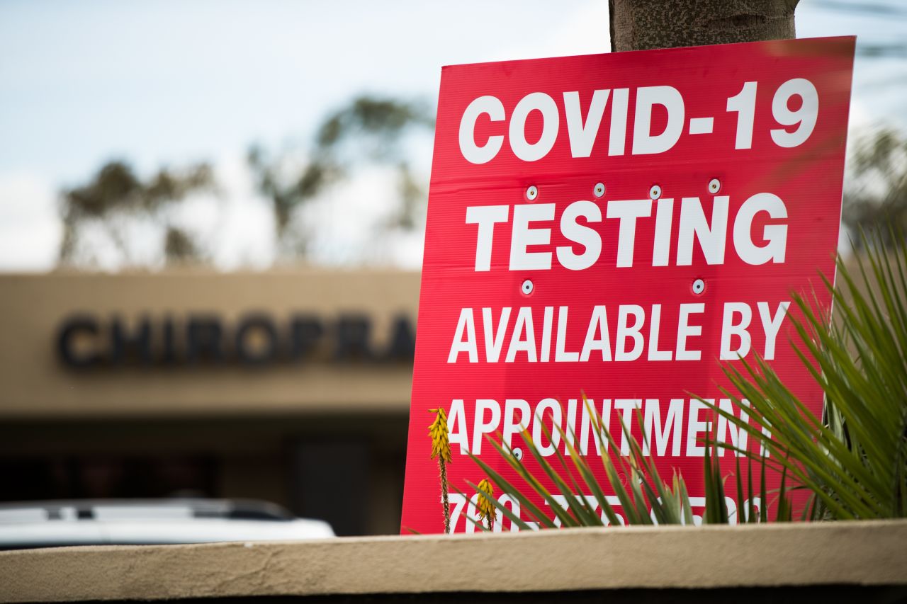 A sign about Covid-19 testing is seen in Indio, California, on April 9.