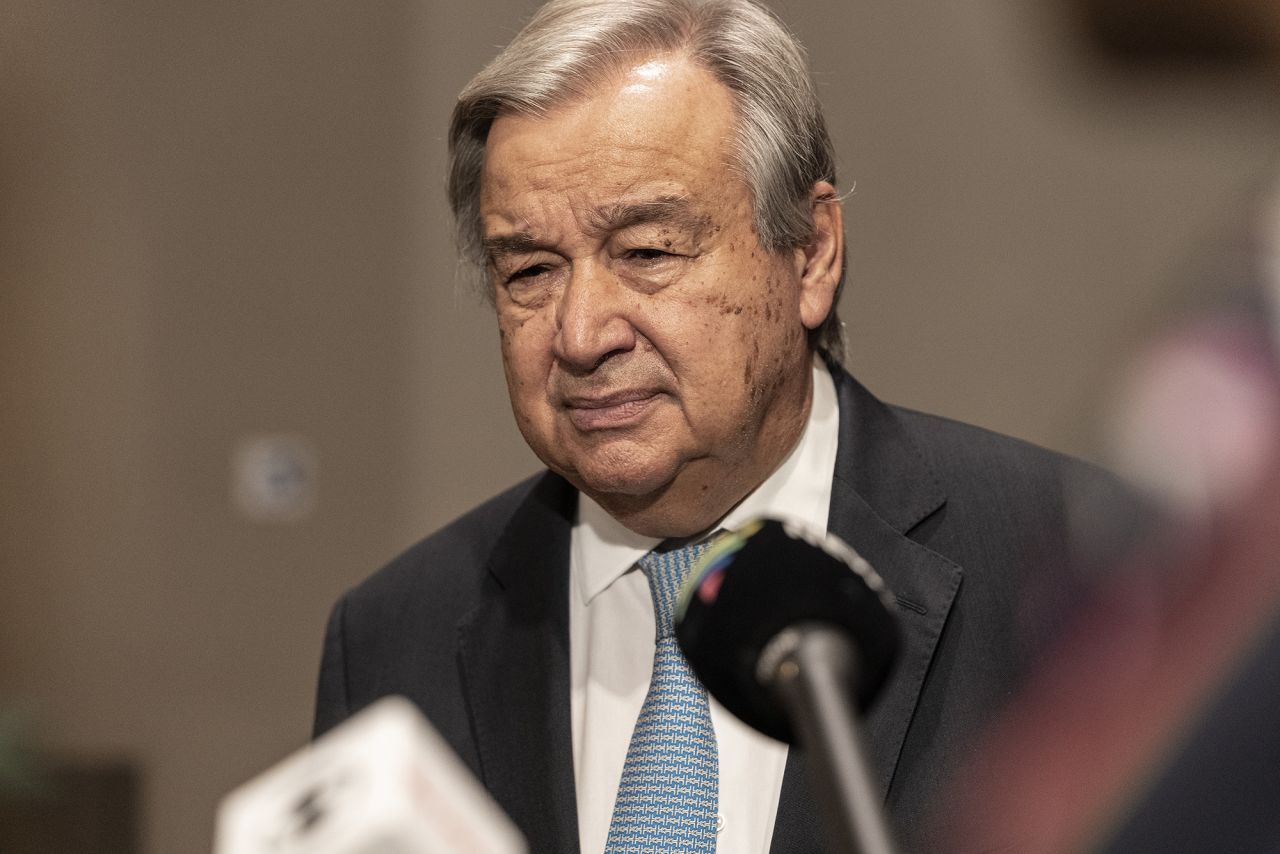 UN Secretary-General Antonio Guterres speaks with the media before leaving to visit Pakistan on September 6.