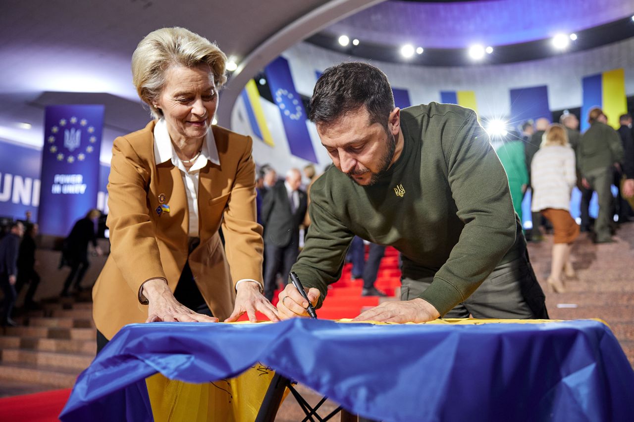 Ukrainian President Volodymyr Zelensky, right, and European Commission President Ursula von der Leyen sign a Ukrainian flag after their meeting in Kyiv, Ukraine, on February 2.