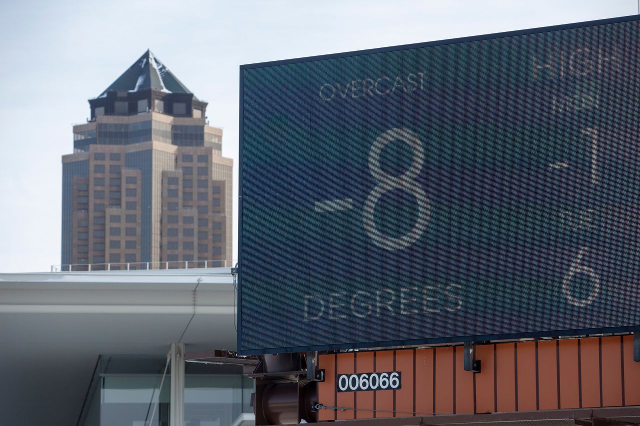 The outdoor temperature is displayed on a billboard in Des Moines, Iowa, on Monday.