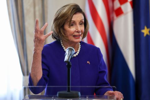 US House Speaker Nancy Pelosi talks during a press conference in Zagreb, Croatia on Monday.