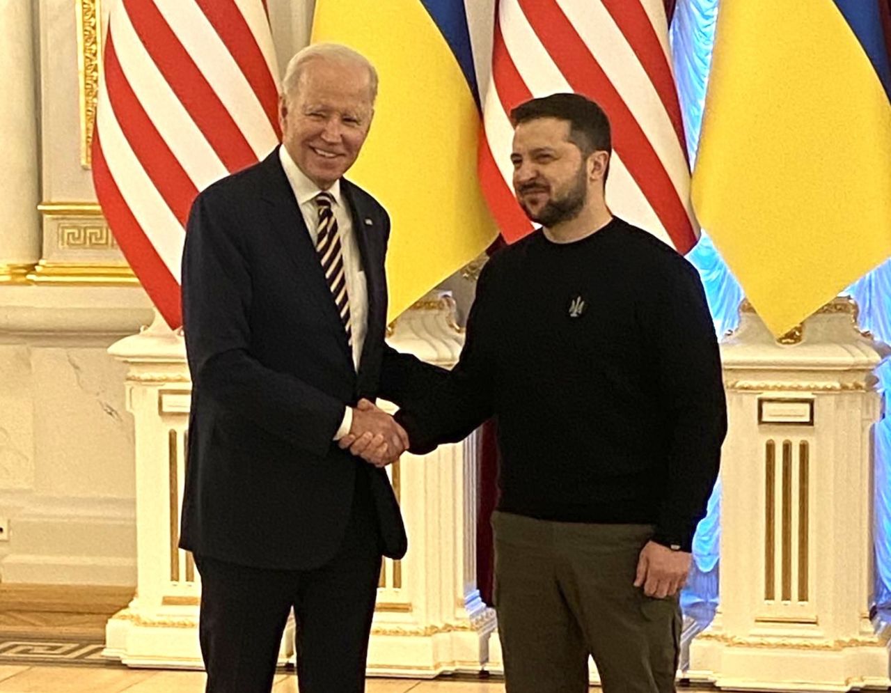 US President Joe Biden with Ukraine President Volodymyr Zelensky at the Ukrainian Presidential Palace, Kyiv, Ukraine, on February 20.