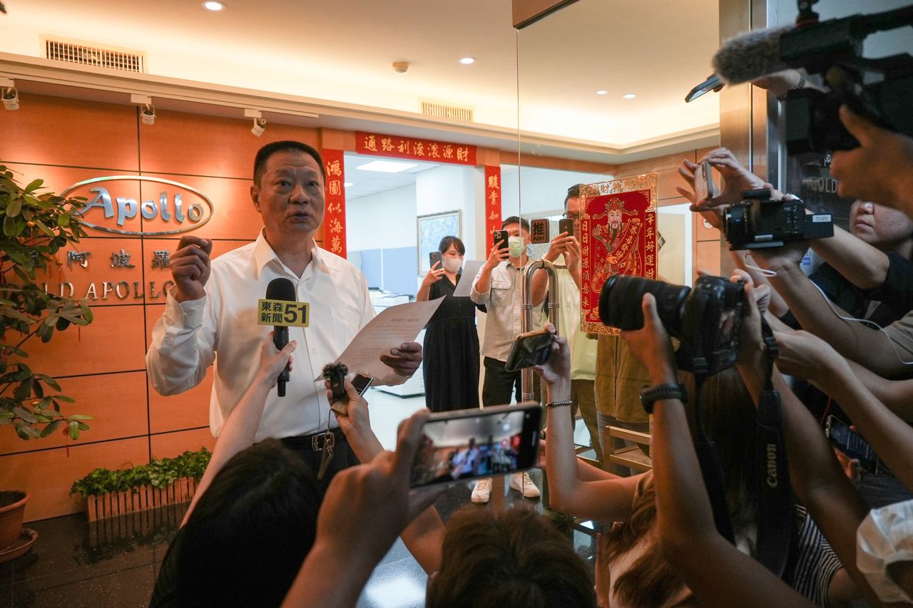 Hsu Ching-kuang, head of Taiwanese company Gold Apollo, speaks to the media outside the company's office in New Taipei City on September 18.