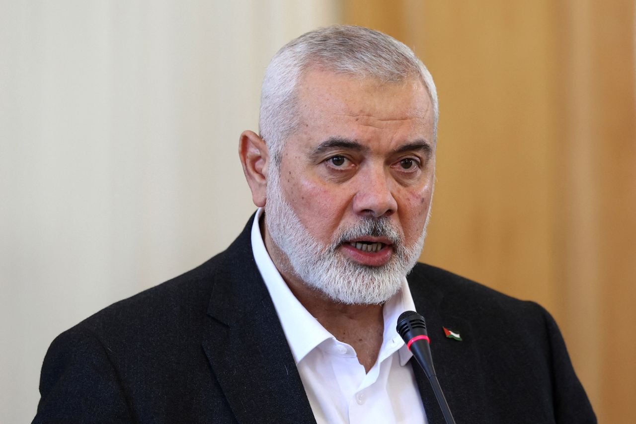 Hamas leader Ismail Haniyeh speaks during a press conference in Tehran, Iran, on March 26.