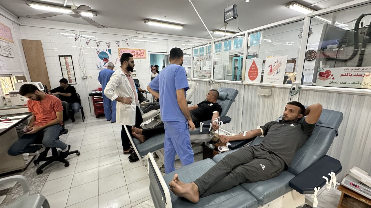  People donate blood at Aqsa Hospital in Deir Al-Balah, Gaza, on October 15. 