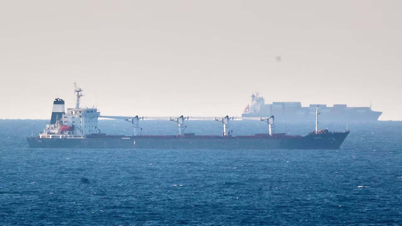 The M/V Razoni, the first shipment of grain to leave Ukraine’s Black Sea port of Odesa since Russia began its invasion, is seen in the Black Sea off Kilyos, near Istanbul, Turkey, on August 2.
