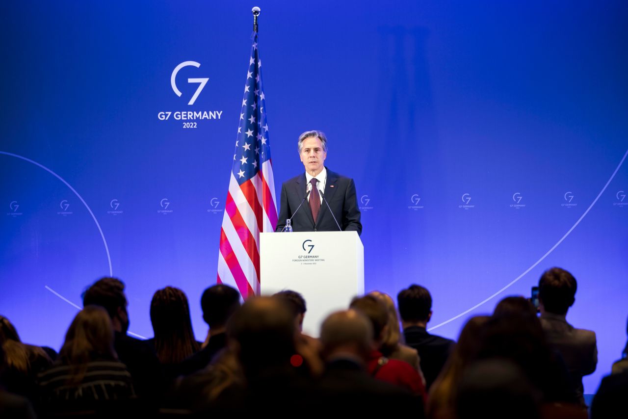 US Secretary of State Antony Blinken at a press conference after a G7 meeting, in Muenster, on Friday.