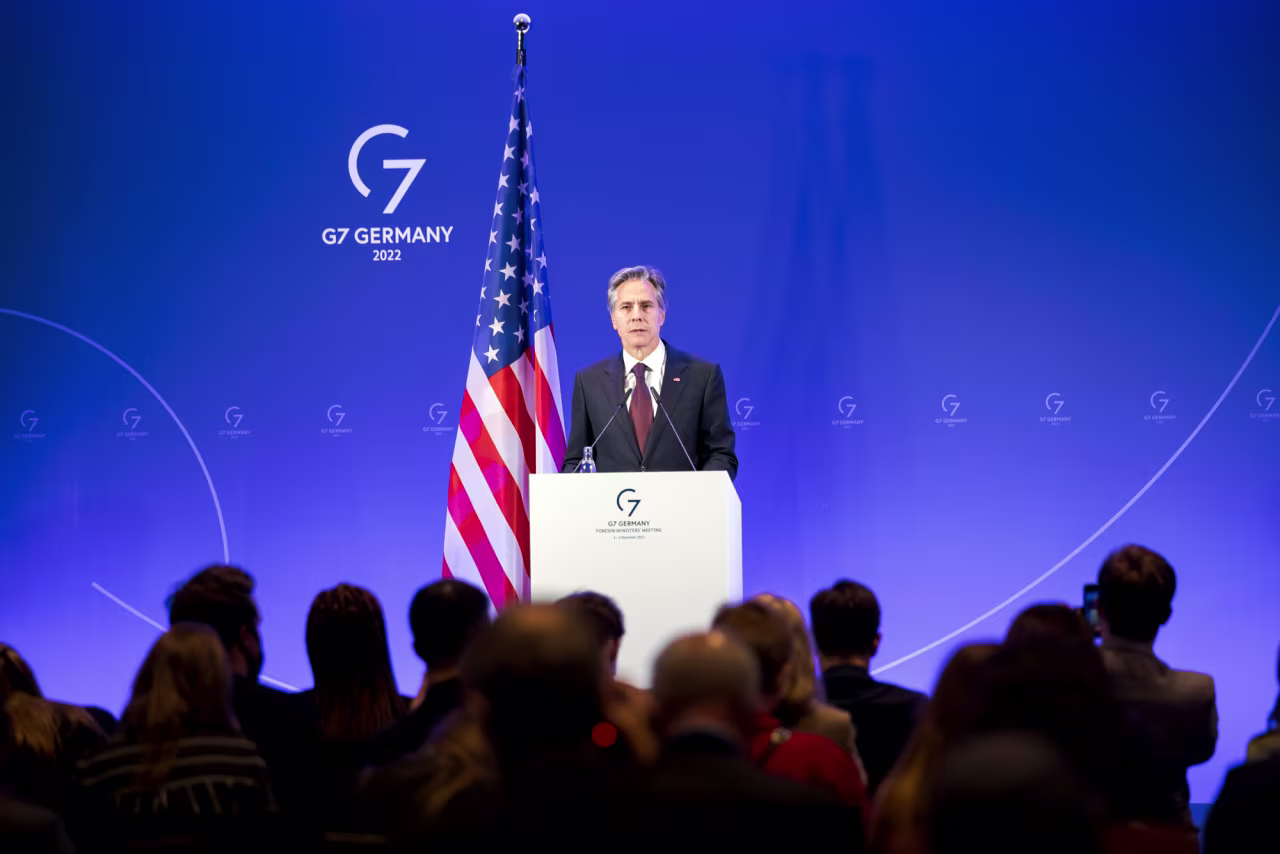 US Secretary of State Antony Blinken at a press conference after a G7 meeting, in Muenster, on Friday.