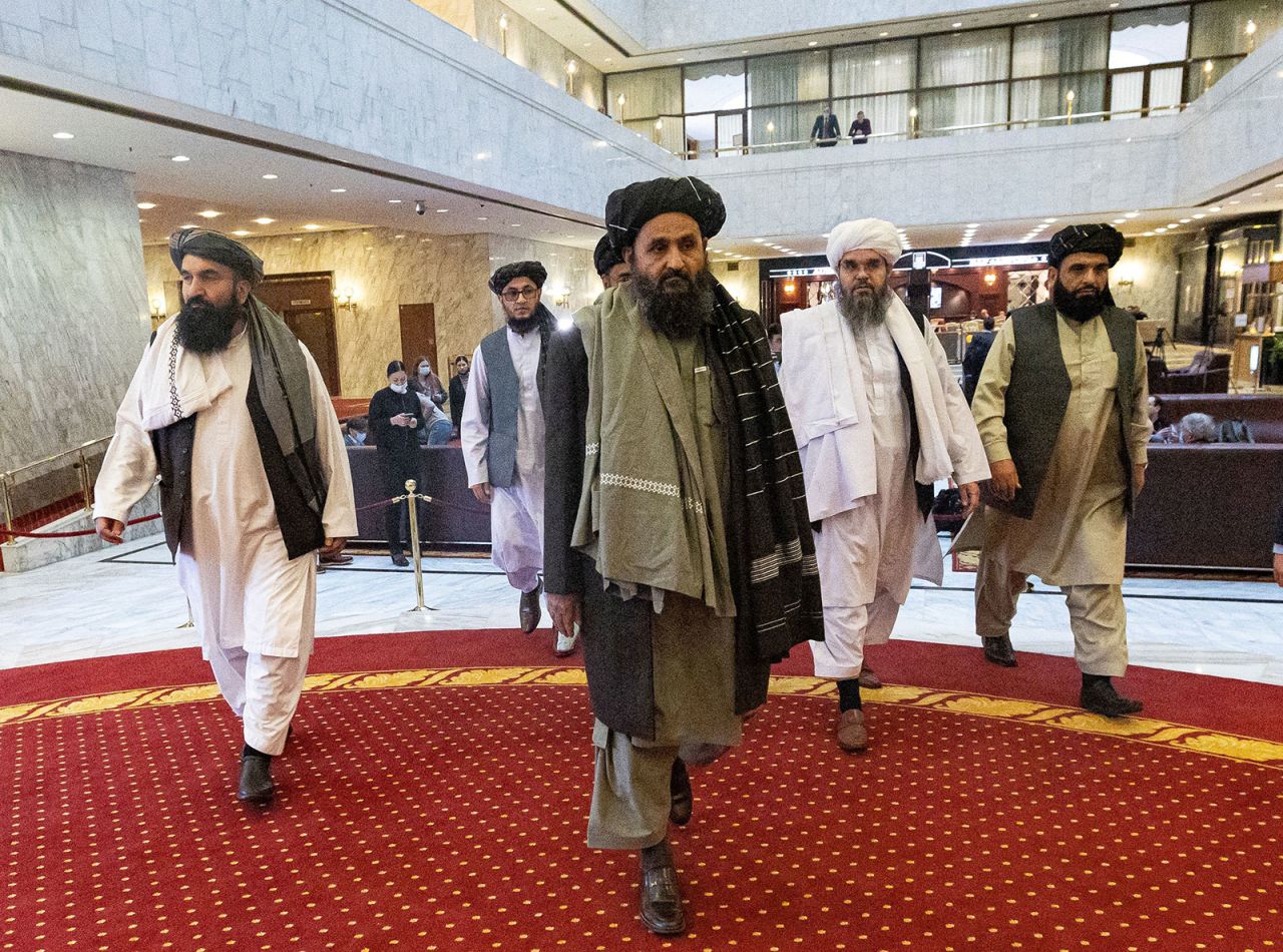 Taliban co-founder Mullah Abdul Ghani Baradar, center, arrives at an international conference on Afghanistan in Moscow, Russia, on March 18, 2021.