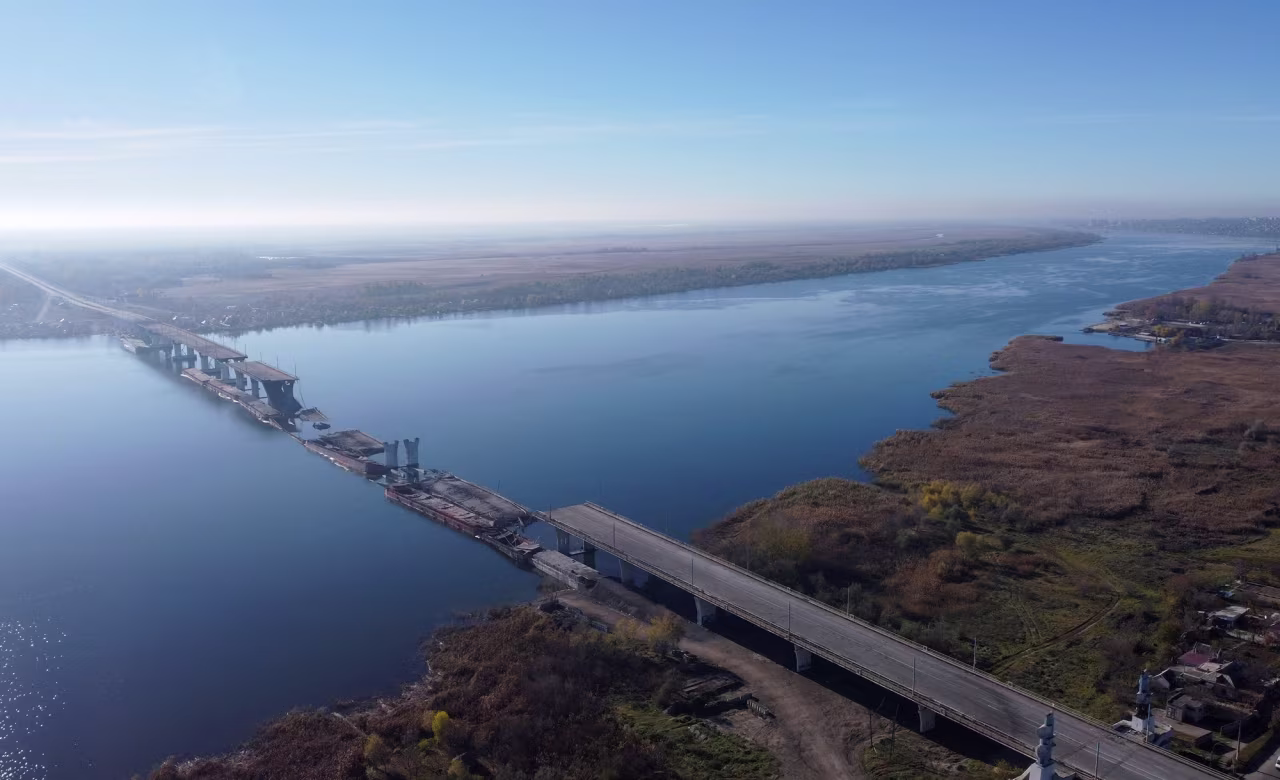 The destroyed Antonivskyi bridge and the east and west banks of the Dnipro river, outside Kherson, Ukraine, on November 15.