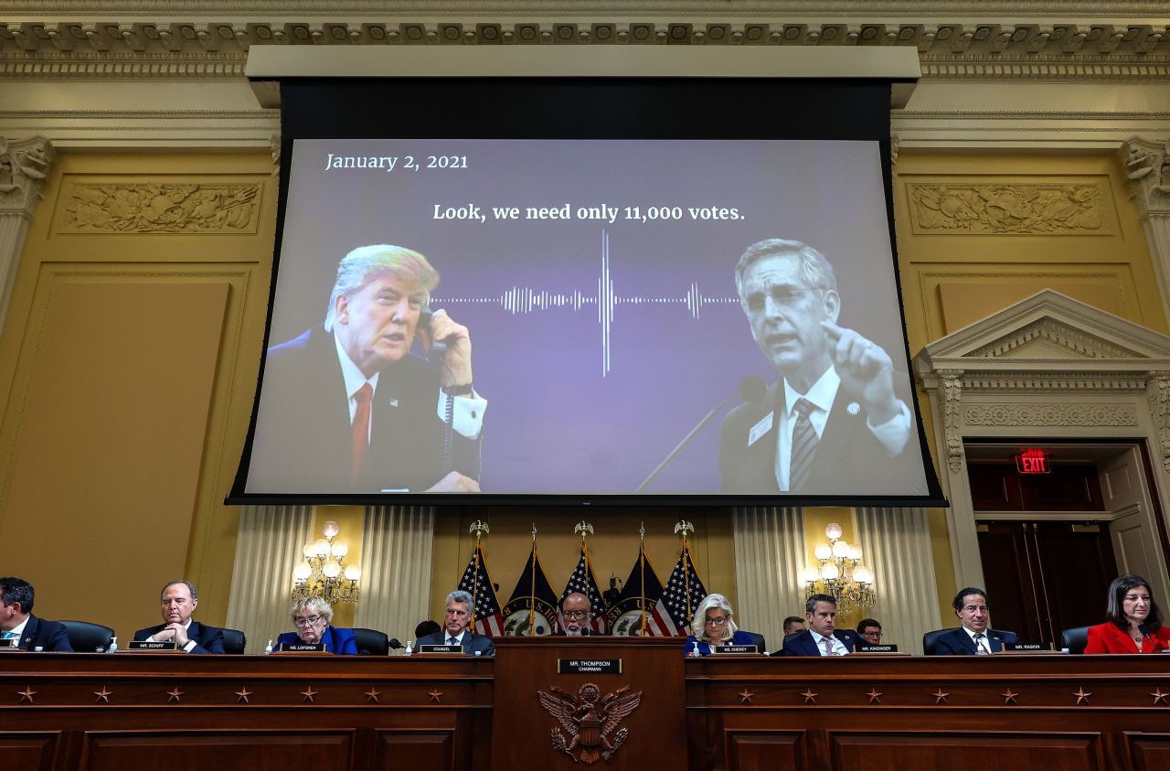 An audio recording of former President Donald Trump talking to Georgia Secretary of State Brad Raffensperger is played during a hearing by the House Select Committee to Investigate the January 6th Attack on the US Capitol on October 13, 2022, in Washington.