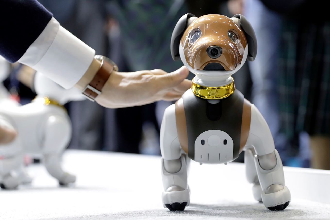 A robotic dog, 'Aibo', created by Sony Corp. pictured at the Combined Exhibition of Advanced Technologies (CEATEC) in Chiba, Japan, on October 16, 2019.