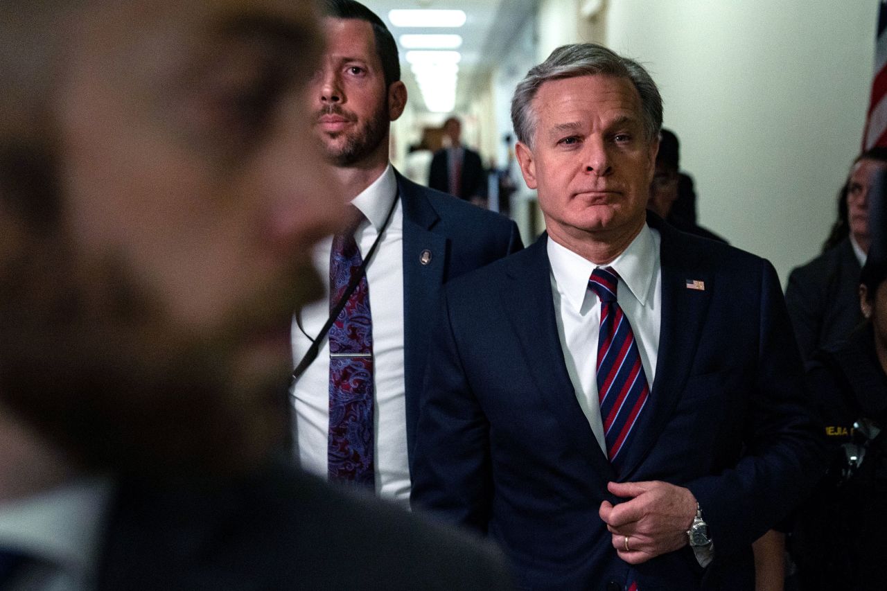 FBI Director Christopher Wray arrives at the Rayburn House Office Building to testify before the House Judiciary Committee at a hearing titled "Oversight of the Federal Bureau of Investigation" on July 24, 2024 in Washington, DC.