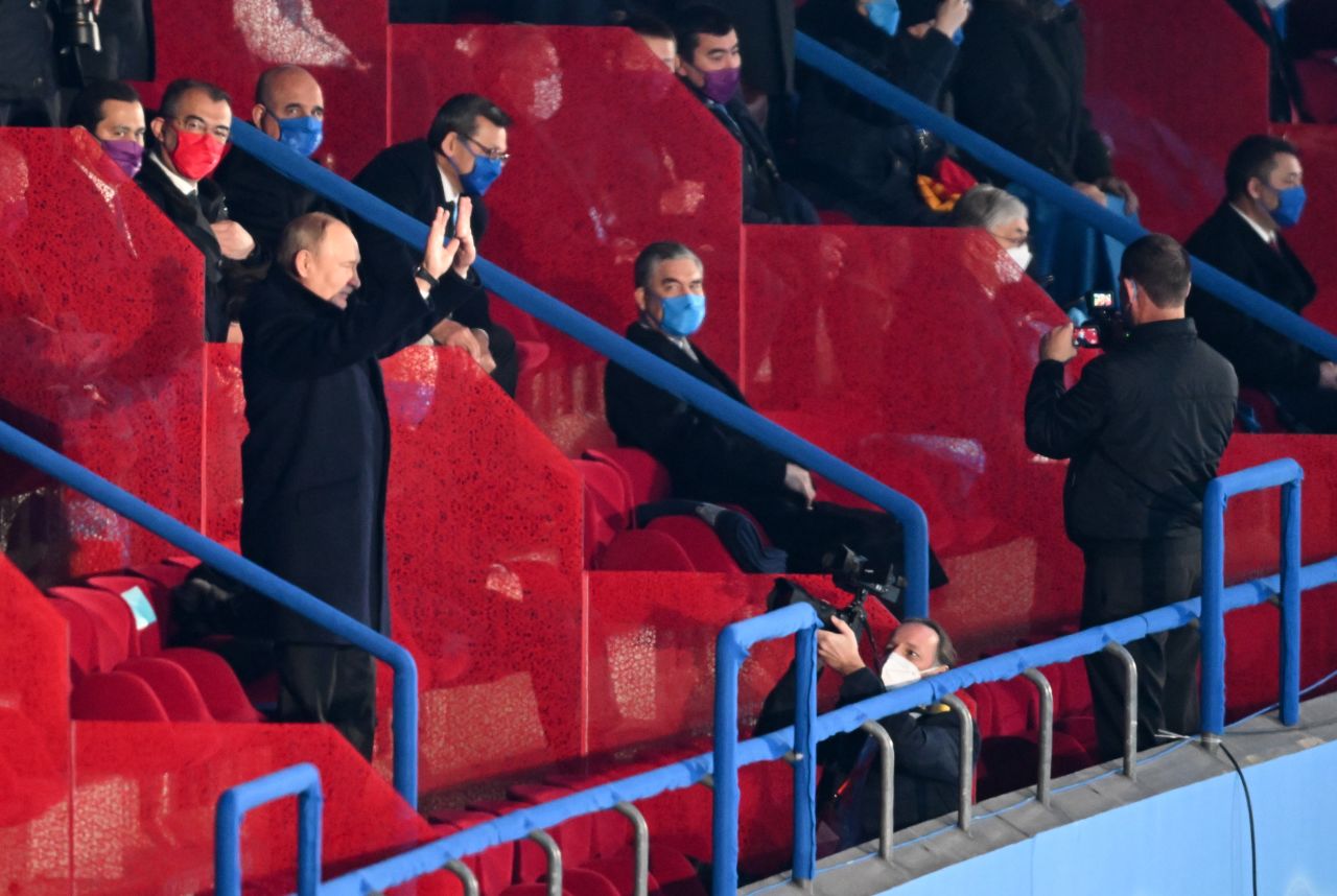 Vladimir Putin, President of Russia, stands waving in the stands during the Opening Ceremony of the Beijing 2022 Winter Olympics at the Beijing National Stadium on February 04 in Beijing, China.?