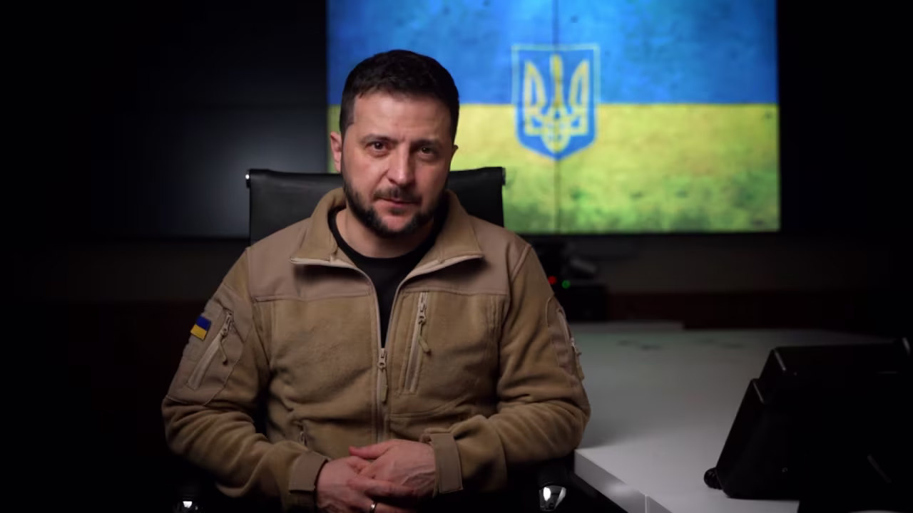 Ukrainian President Volodymyr Zelensky during his nightly address on Friday, April 22, 2022.