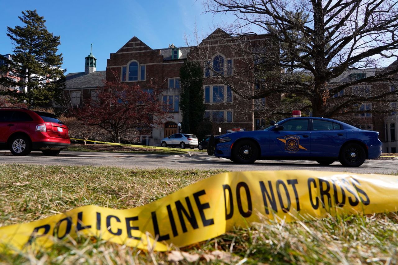 Police tape surrounds the Michigan State University Union in East Lansing on Tuesday.