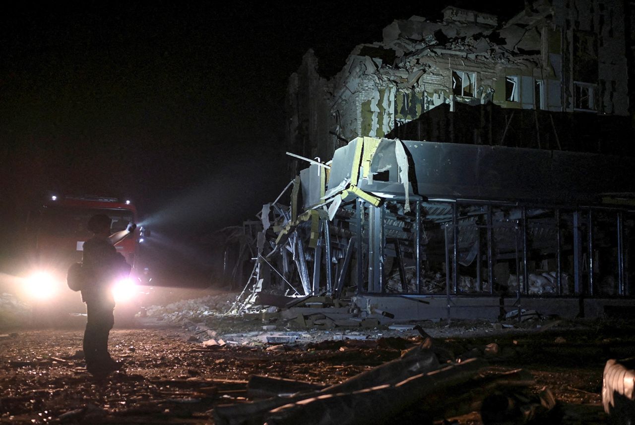 Rescuers work at the site of a building destroyed during a Russian missile strike in Pokrovsk, Ukraine on August 8.