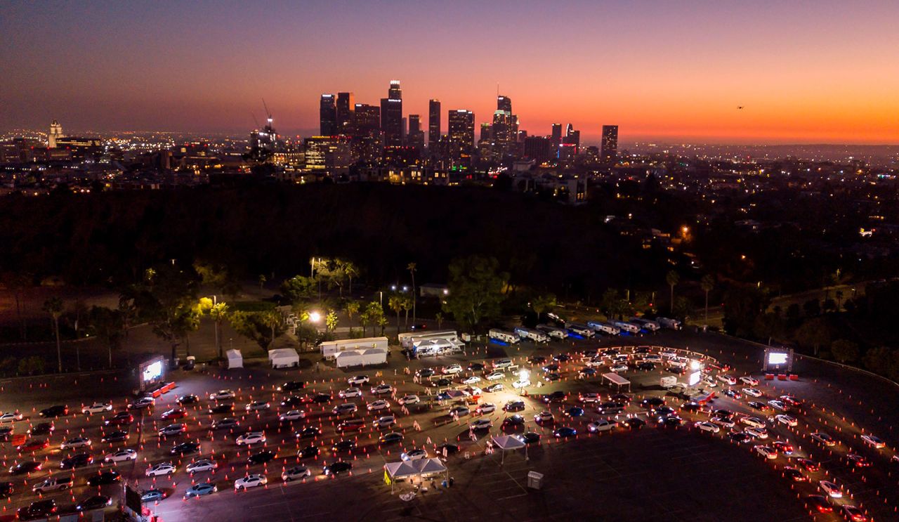 Cars line up for Covid-19 testing at Dodger Stadium in Los Angeles on November 14.