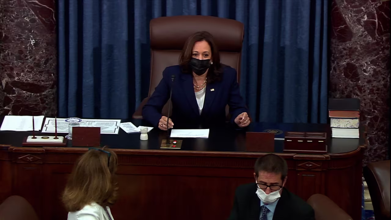 Vice President Kamala Harris announces the final vote on August 10, 2021.