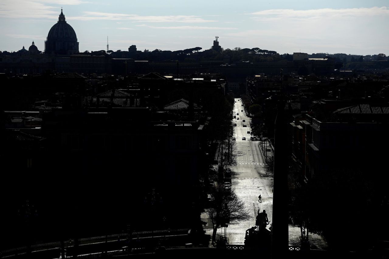 The empty streets of Rome are seen on April 2.