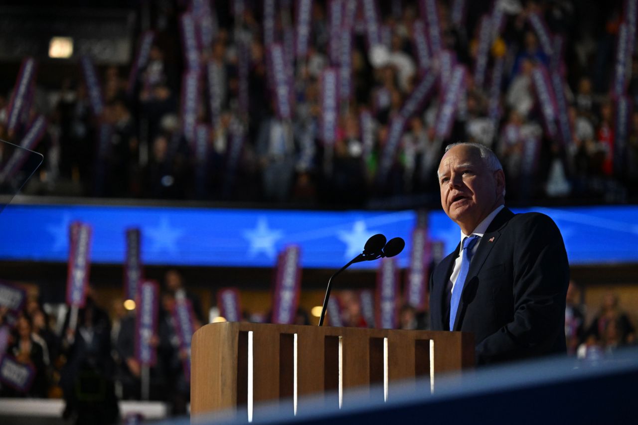 Tim Walz speaks at the United Center during the Democratic National Convention in Chicago, Illinois, on August 21.