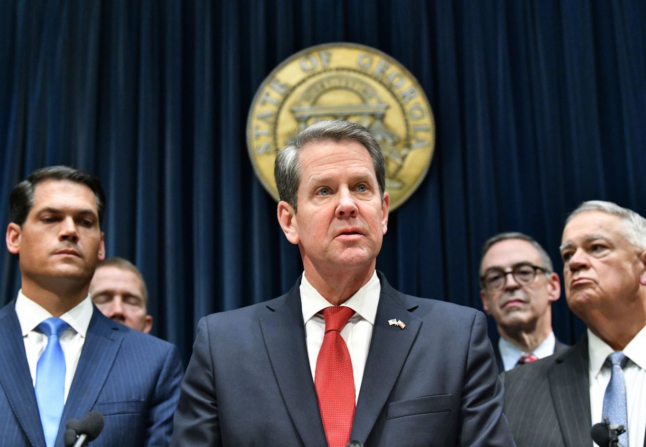 Gov. Brian Kemp speaks at a press conference at the Georgia State Capitol on Thursday.