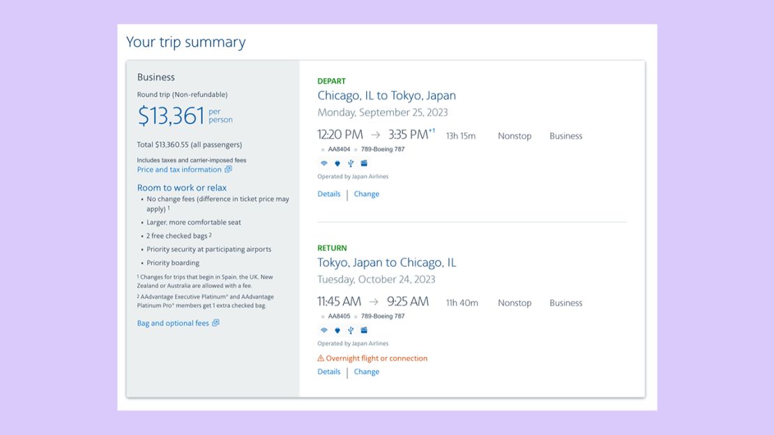 A screenshot of a ticket from Chicago to Tokyo on American Airlines' website