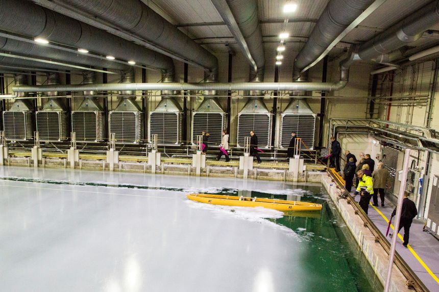 The new research analyzed the crushing and sinking of the Endurance from a structural point of view. Shown above is Aalto University’s Ice and Wave Tank.