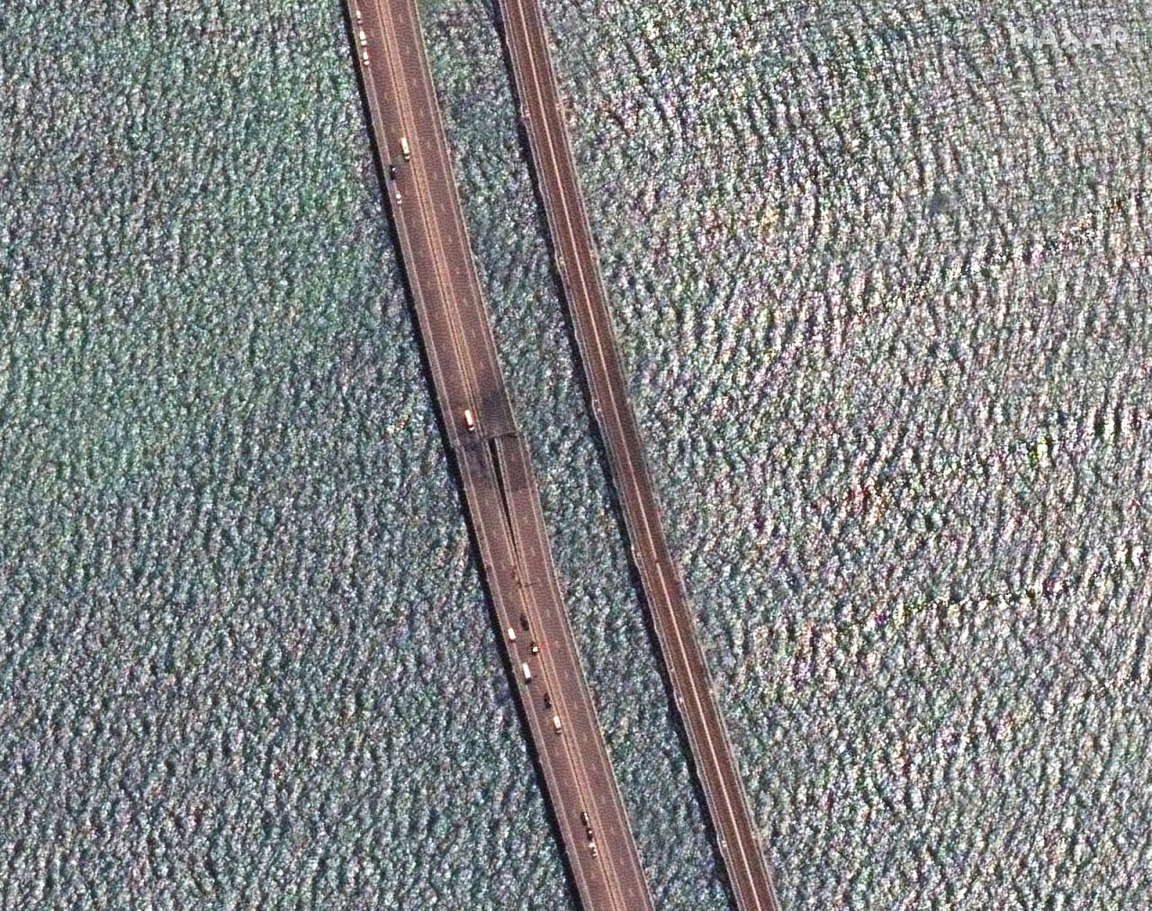 A section of the Kerch Bridge damaged by an apparent strike by Ukrainian forces on Monday.