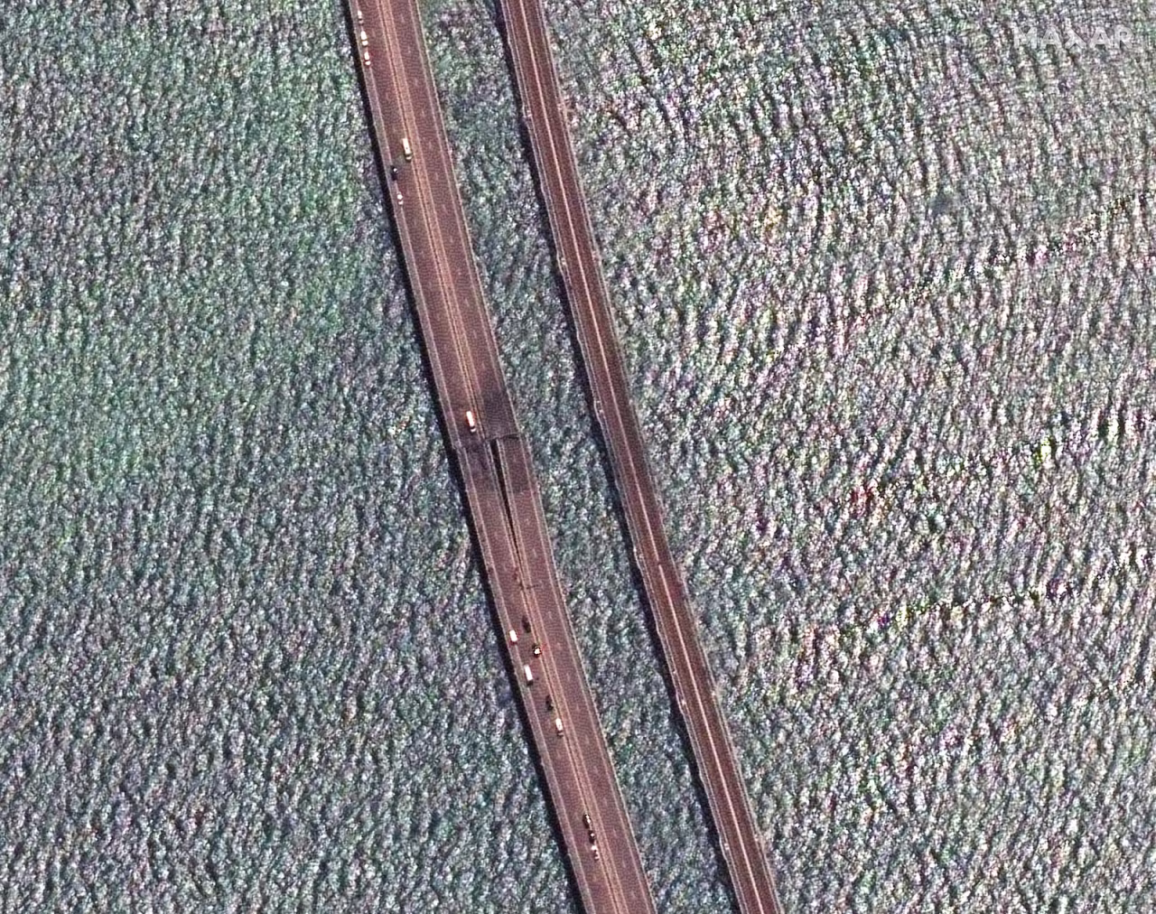 A section of the Kerch Bridge damaged by an apparent strike by Ukrainian forces on Monday.