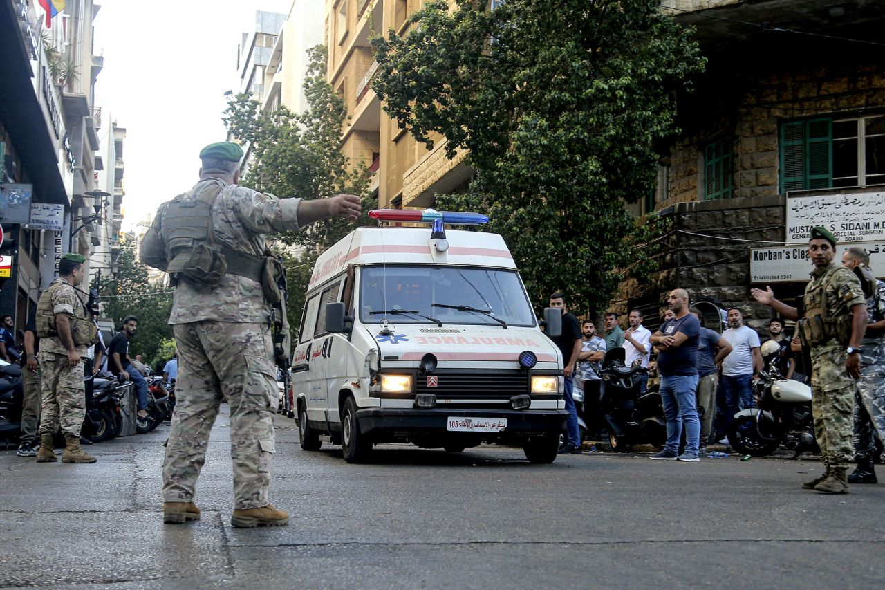 Lebanese army soldiers secure the area for an ambulance to enter the premises of the American University hospital in Beirut, Lebanon, on September 17.