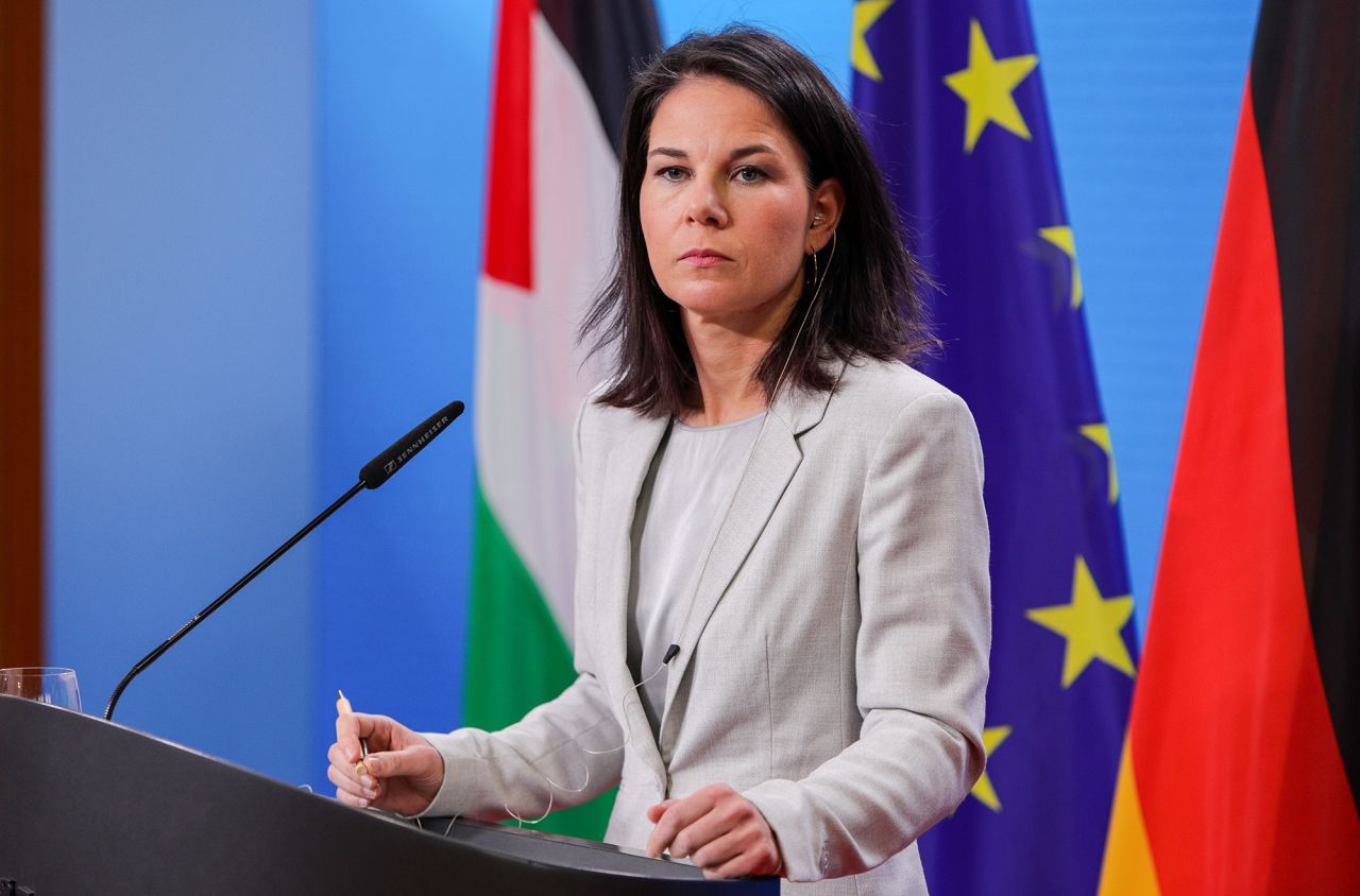 German Foreign Minister Annalena Baerbock speaks to the media during a press conference on February 13, in Berlin, Germany. 