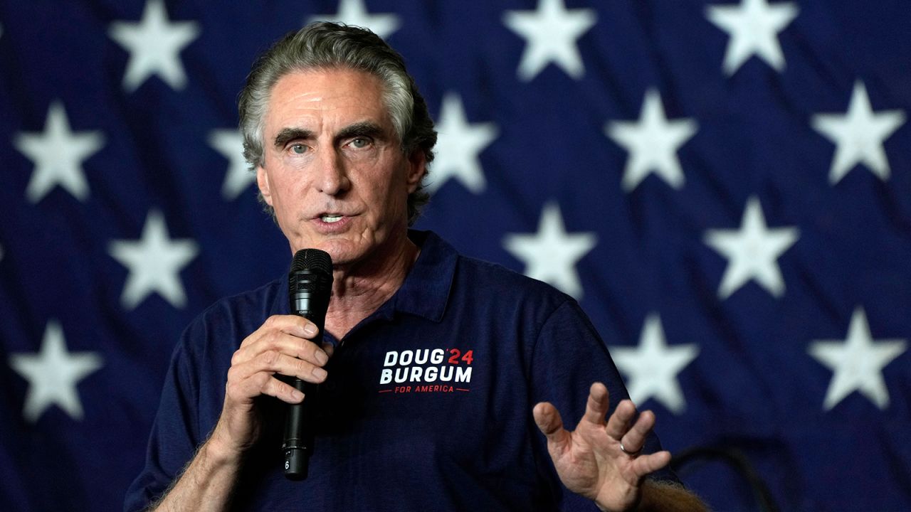 North Dakota Gov. Doug Burgum speaks during a fundraising event in Cedar Rapids, Iowa, on August 6. 