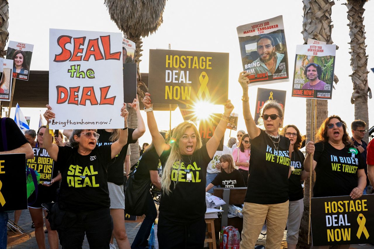 Supporters and families of hostages held by Hamas attend a demonstration in Tel Aviv, Israel, on June 3. 