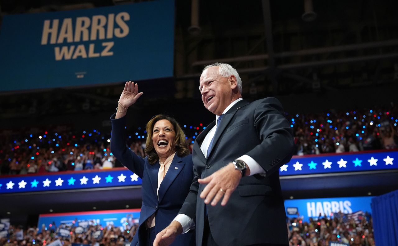 Vice President Kamala Harris and Minnesota Gov. Tim Walz at the Liacouras Center at Temple University on August 6 in Philadelphia.