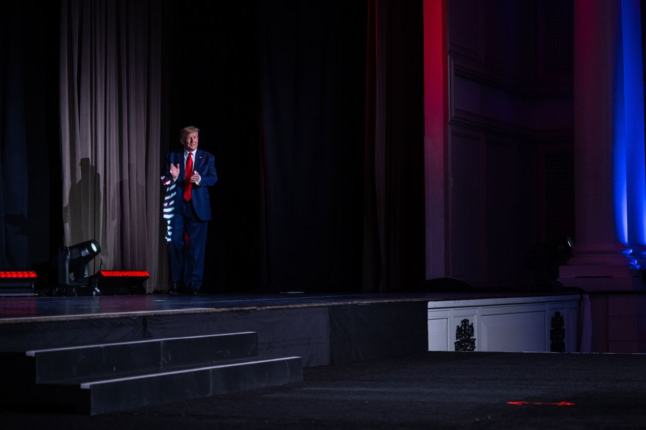 Former President Donald Trump, claps as he walks on stage during the 2024 NRB International Christian Media Convention Presidential Forum at The Gaylord Opryland Resort and Convention Center on February 22 in Nashville, Tennessee.?