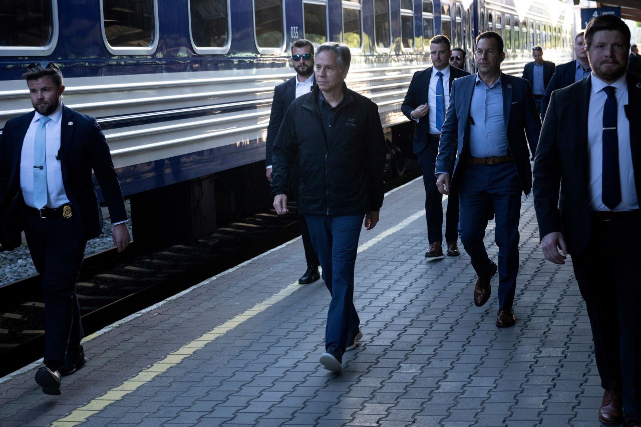 US Secretary of State Antony Blinken walks to board a train in Przemysl, Poland, en route to Kyiv, on May 13.